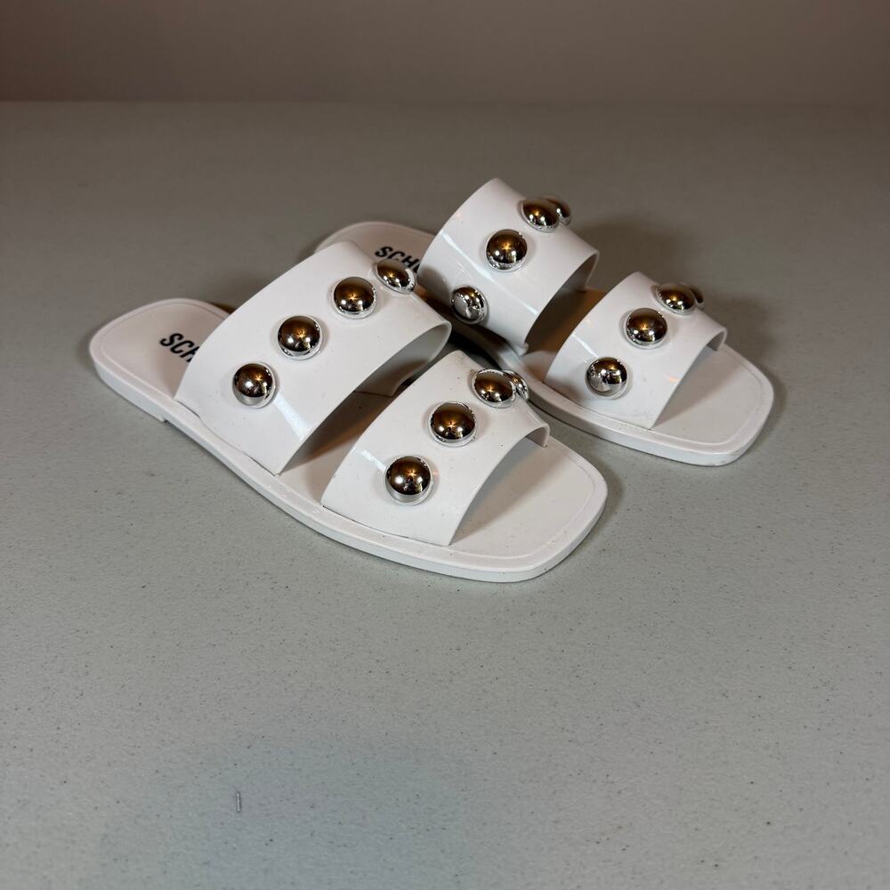 Schutz Lizzie Slide Sandals Womens 6 White Two Band Jelly Design Silver Studs